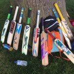 Junior cricket bats leant against a tree