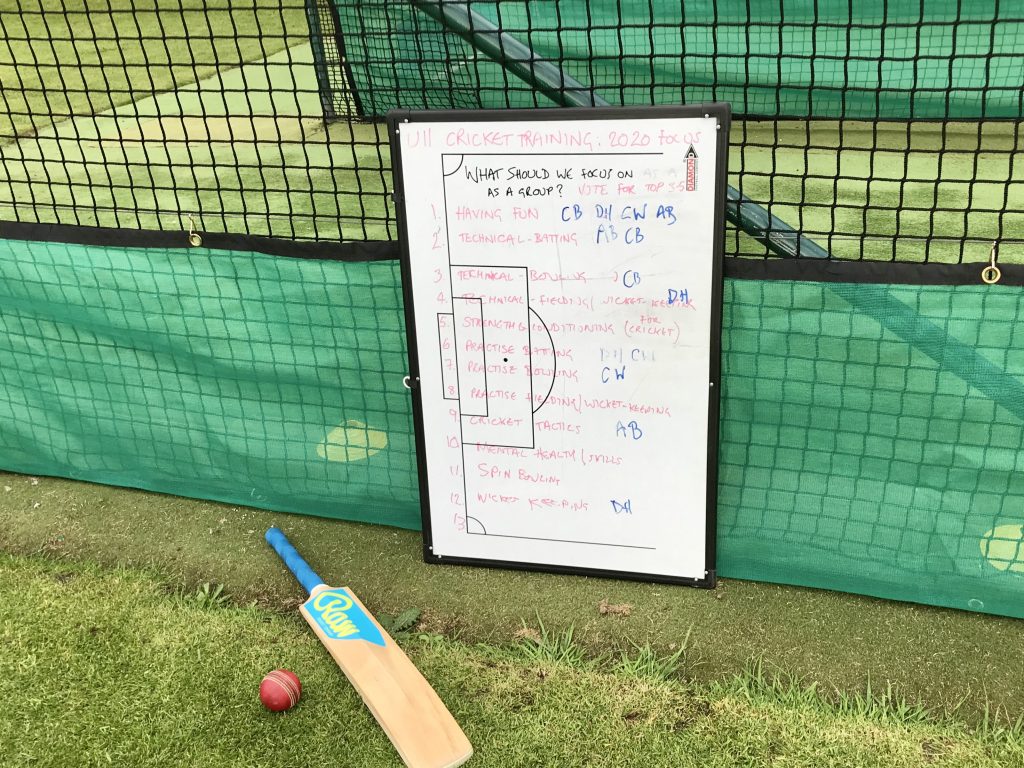Tactics whiteboard with player chosen coaching focuses next to a cricket bat and ball