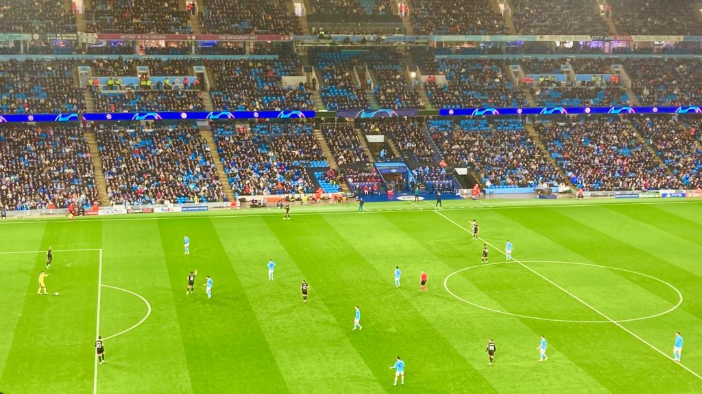 Manchester City v Sevilla in the Champions League at the Etihad Stadium. Sevilla are in possession; Manchester City are ready to press.